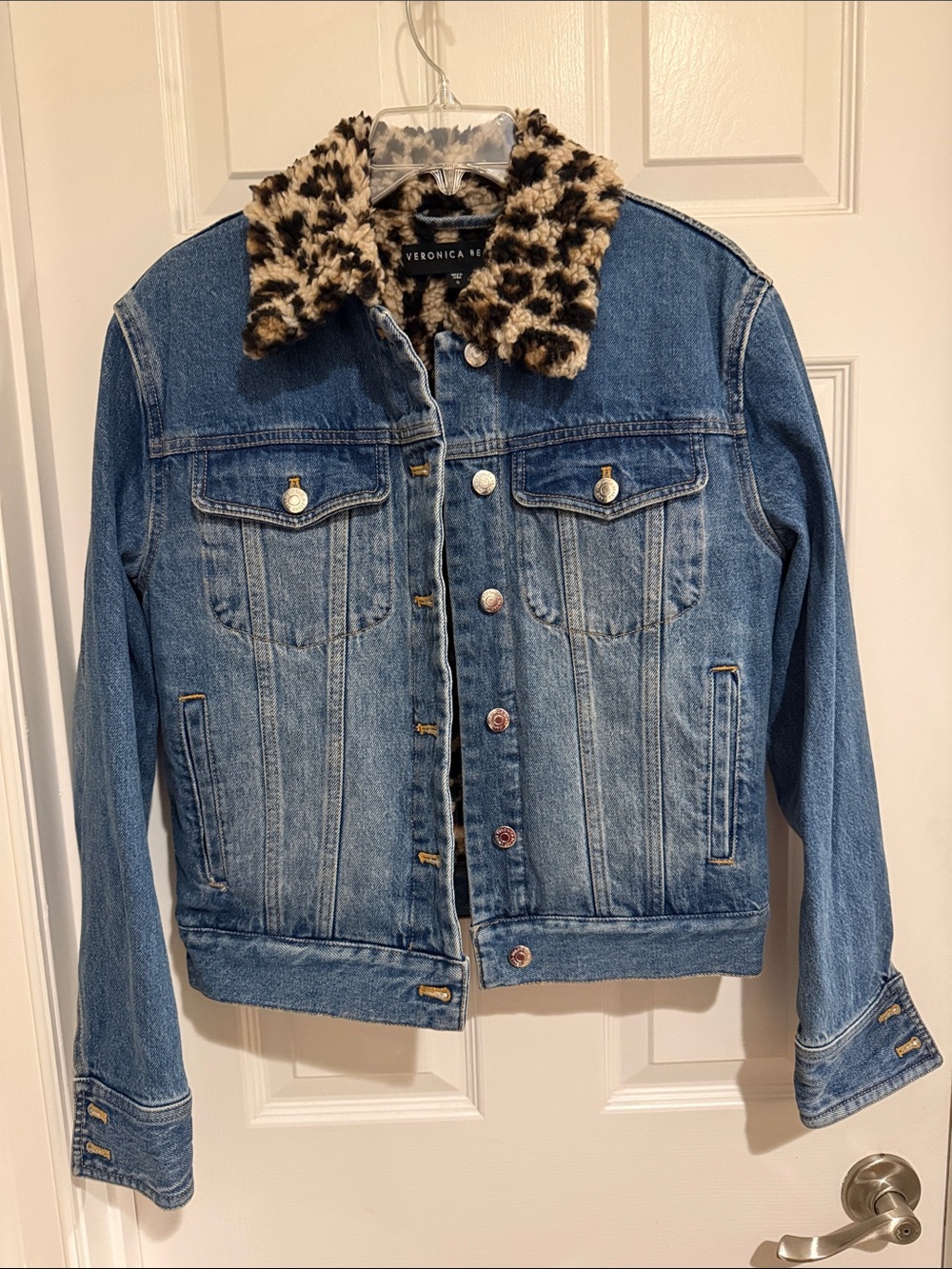 Veronica Beard Tilia Boyfriend Denim Jacket - Sherpa Lined Leopard Print Sz S